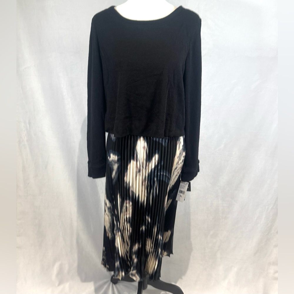 Studio I sweater top satin pleated skirt mixed media midi dress size XL NWT